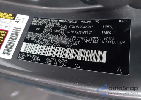 2021 Toyota Sienna Le z USA, uszkodzony, nr VIN 5TDKRKEC8MS030220